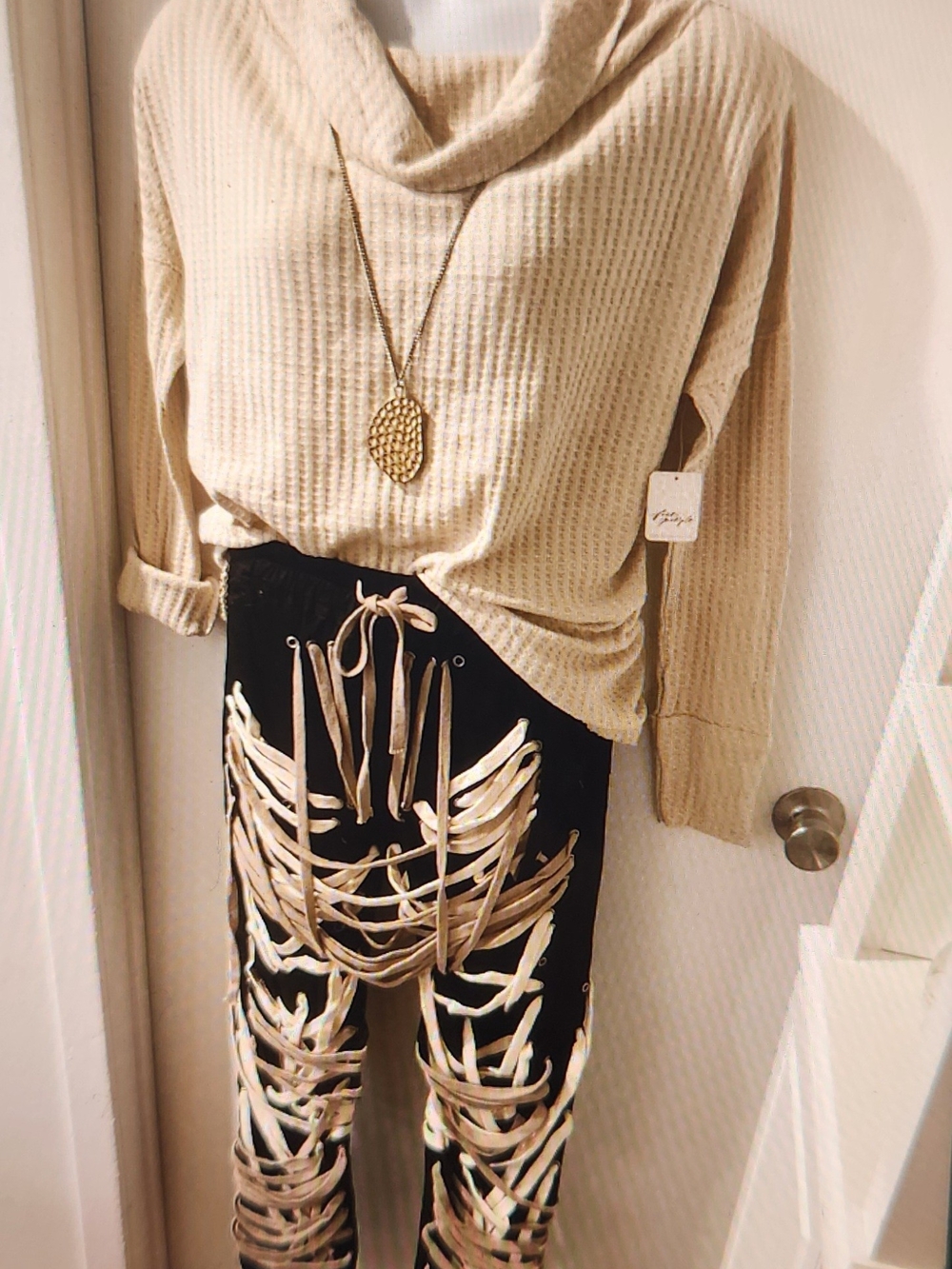Free People Beige Waffle Cowl Top with Black Joggers